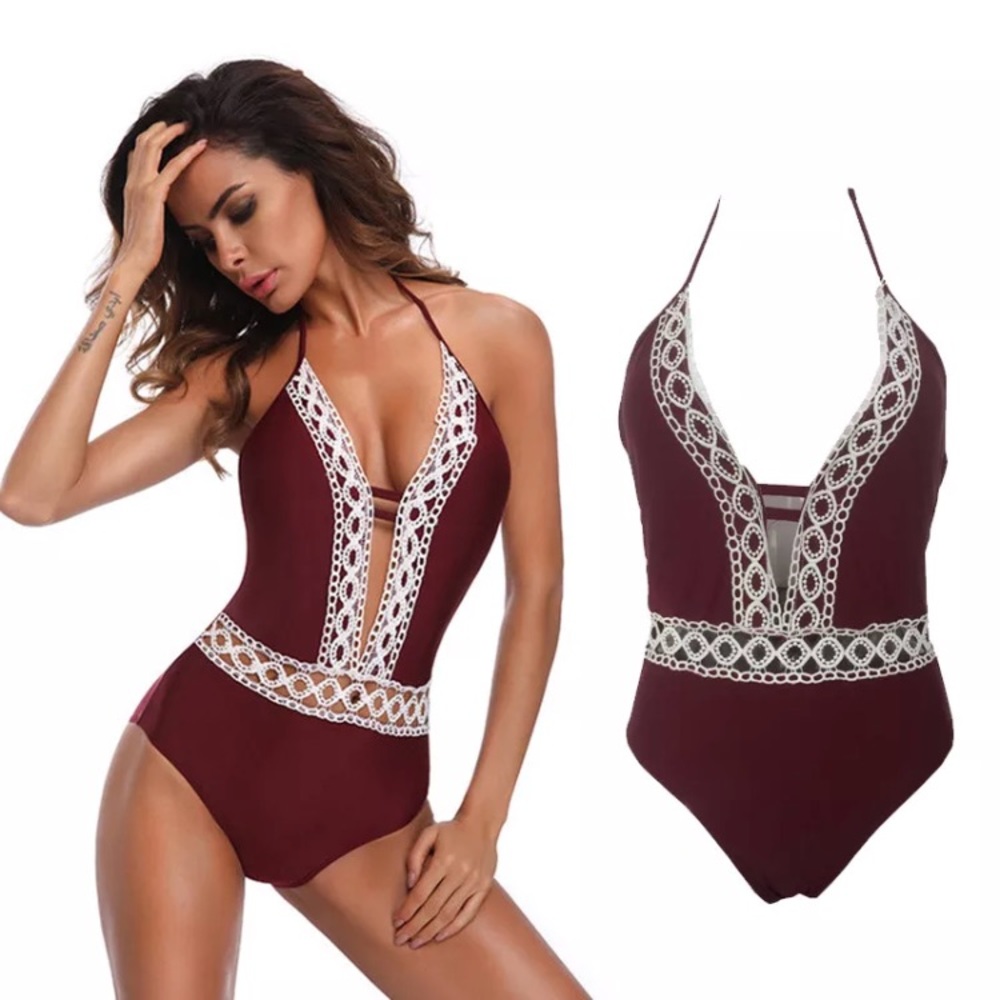 Wine Red Lace Monokini
